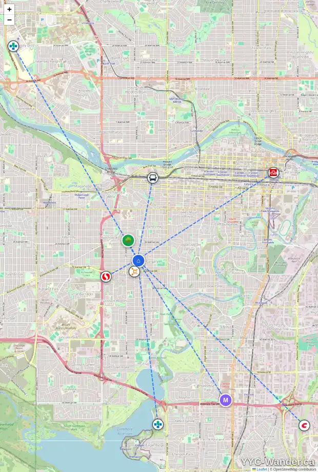 Daily accessibility map for 1913 30 AV SW, Calgary showing nearby schools, grocery stores, parks, LRT stations and nearby amenities