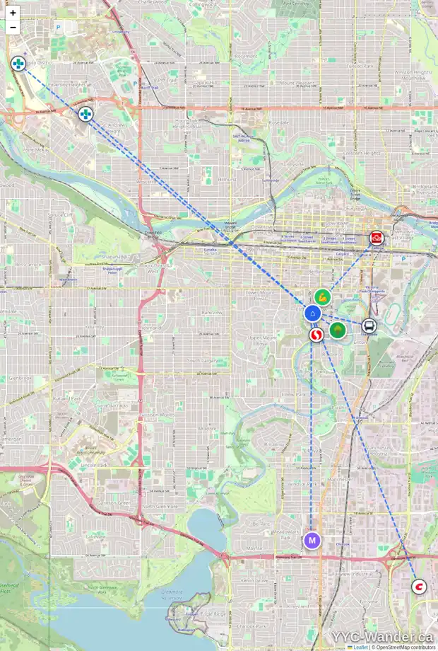 Daily accessibility map for 541 21 AV SW, Calgary showing nearby schools, grocery stores, parks, LRT stations and nearby amenities