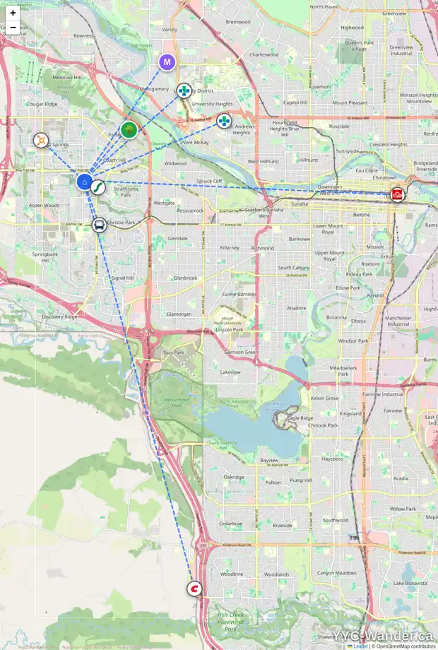 Daily accessibility map for 40 STRATHRIDGE GD SW, Calgary showing nearby schools, grocery stores, parks, LRT stations and nearby amenities