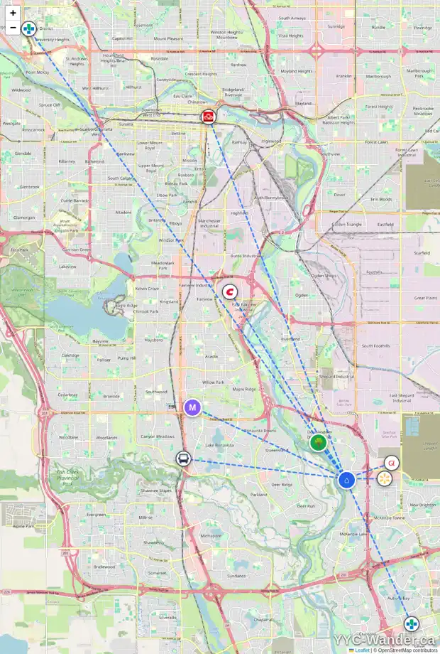 Daily accessibility map for 72 MT DOUGLAS PT SE, Calgary showing nearby schools, grocery stores, parks, LRT stations and nearby amenities