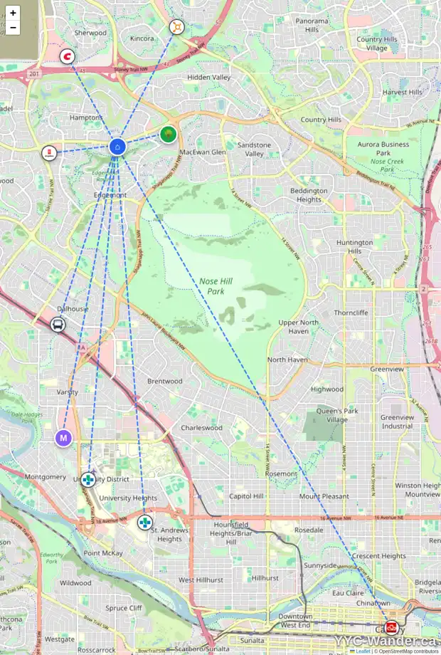 Daily accessibility map for 145 EDGERIDGE PA NW, Calgary showing nearby schools, grocery stores, parks, LRT stations and nearby amenities