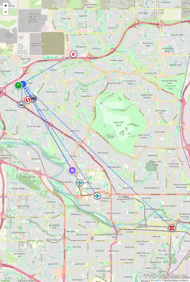Daily accessibility map for 65 ARBOUR CREST CO NW, Calgary showing nearby schools, grocery stores, parks, LRT stations and nearby amenities