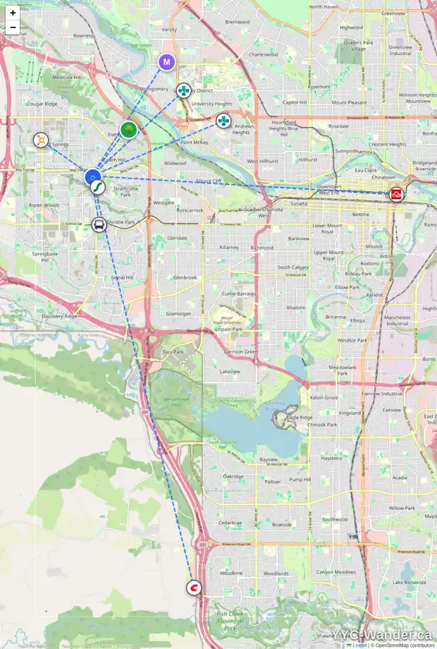 Daily accessibility map for 170 STRATHRIDGE CL SW, Calgary showing nearby schools, grocery stores, parks, LRT stations and nearby amenities