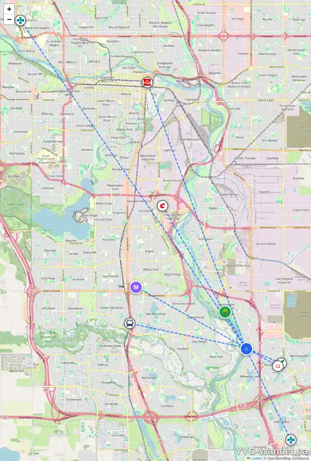 Daily accessibility map for 194 MT DOUGLAS CL SE, Calgary showing nearby schools, grocery stores, parks, LRT stations and nearby amenities