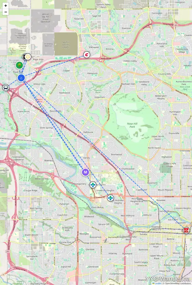 Daily accessibility map for 69 ROYAL RIDGE HL NW, Calgary showing nearby schools, grocery stores, parks, LRT stations and nearby amenities