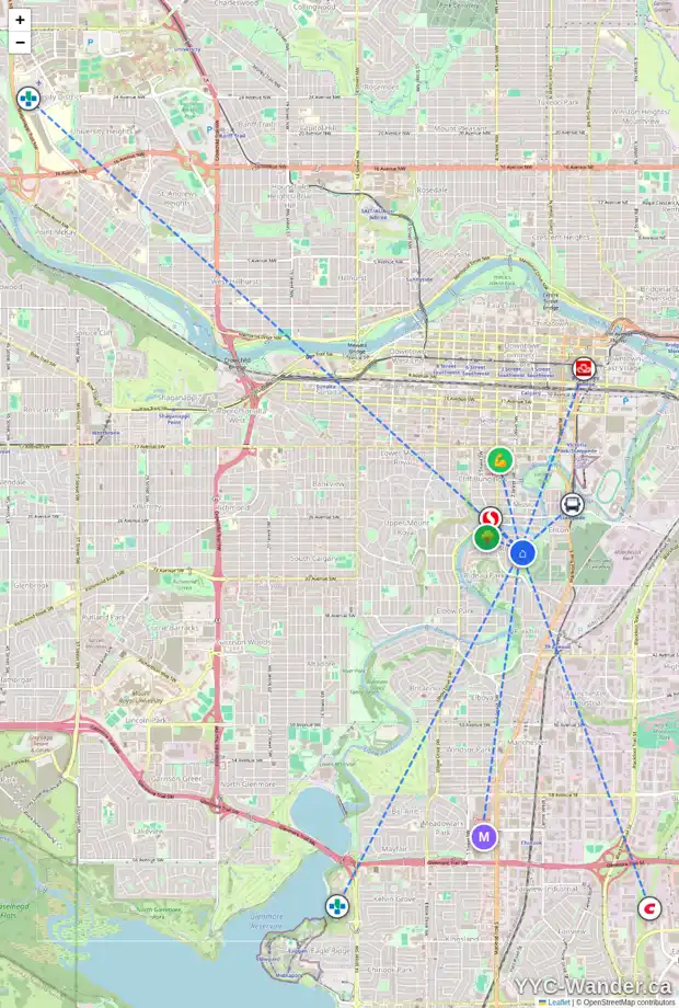 Daily accessibility map for 3037 1 ST SW, Calgary showing nearby schools, grocery stores, parks, LRT stations and nearby amenities