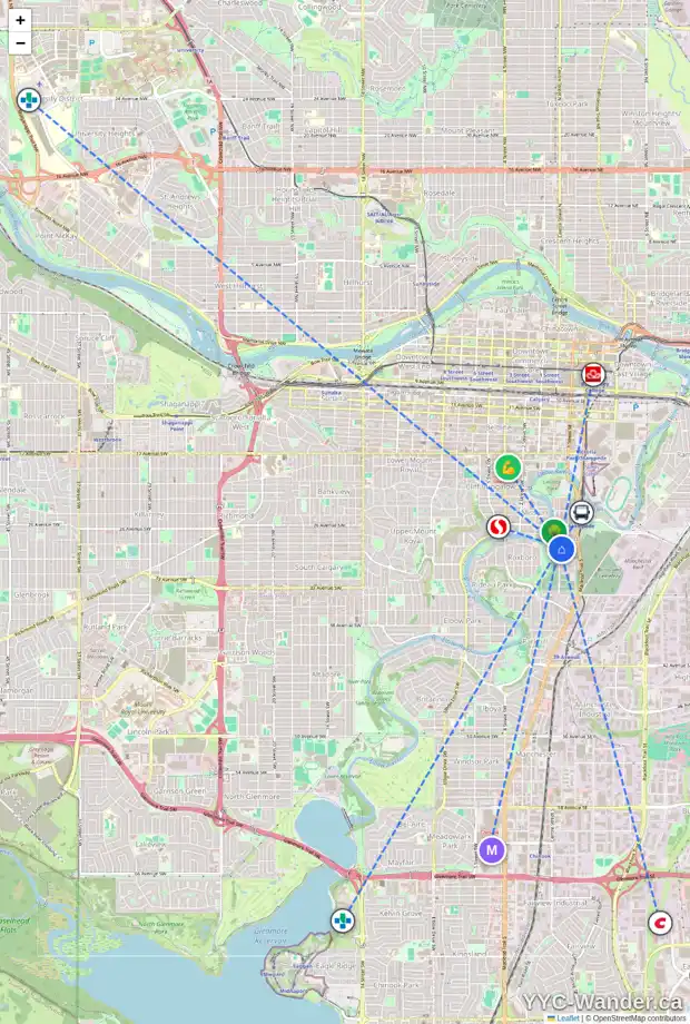 Daily accessibility map for 2711 ERLTON ST SW, Calgary showing nearby schools, grocery stores, parks, LRT stations and nearby amenities