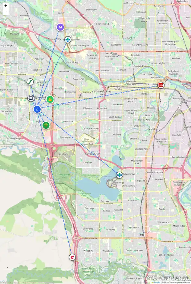 Daily accessibility map for 9 SIMCREST MR SW, Calgary showing nearby schools, grocery stores, parks, LRT stations and nearby amenities