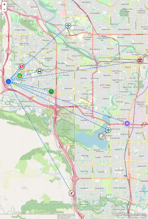 Daily accessibility map for 38 SLOPES RD SW, Calgary showing nearby schools, grocery stores, parks, LRT stations and nearby amenities