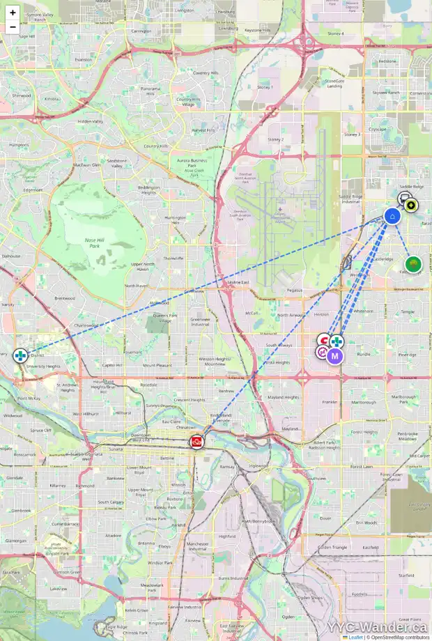 Daily accessibility map for 36 MARTIN CROSSING BA NE, Calgary showing nearby schools, grocery stores, parks, LRT stations and nearby amenities