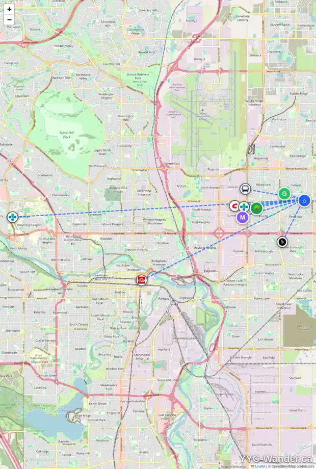 Daily accessibility map for 3311 64 ST NE, Calgary showing nearby schools, grocery stores, parks, LRT stations and nearby amenities