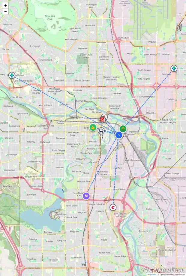 Daily accessibility map for 1818 8 ST SE, Calgary showing nearby schools, grocery stores, parks, LRT stations and nearby amenities