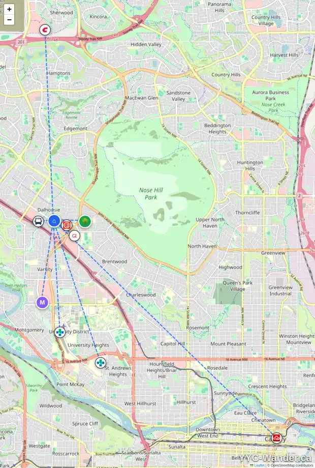 Daily accessibility map for 4332 DALHOUSIE DR NW, Calgary showing nearby schools, grocery stores, parks, LRT stations and nearby amenities
