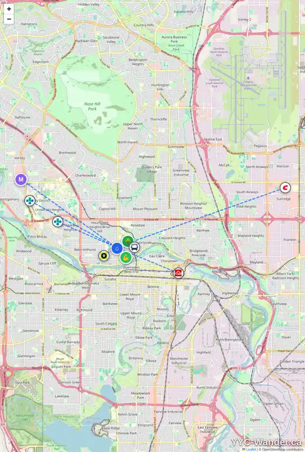 Daily accessibility map for 422 15 ST NW, Calgary showing nearby schools, grocery stores, parks, LRT stations and nearby amenities