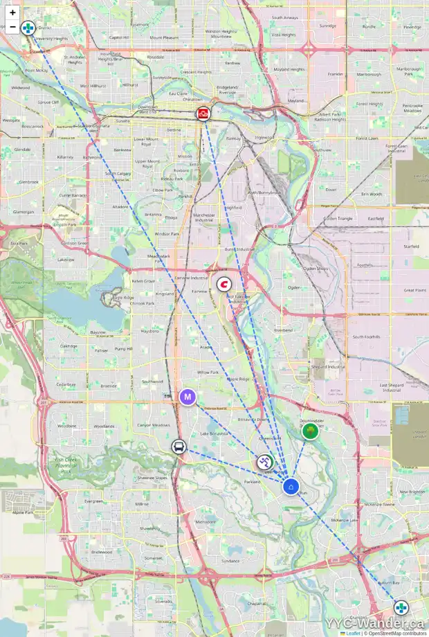 Daily accessibility map for 43 DEER LANE RD SE, Calgary showing nearby schools, grocery stores, parks, LRT stations and nearby amenities