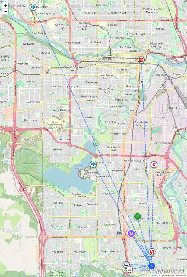 Daily accessibility map for 1409 ACADIA DR SE, Calgary showing nearby schools, grocery stores, parks, LRT stations and nearby amenities