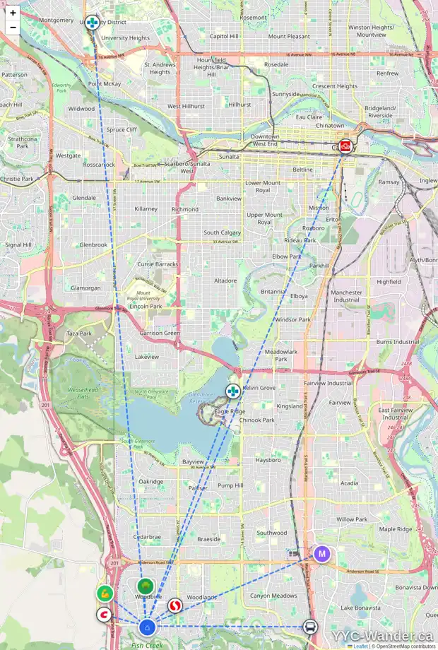 Daily accessibility map for 236 WOODHAVEN PL SW, Calgary showing nearby schools, grocery stores, parks, LRT stations and nearby amenities