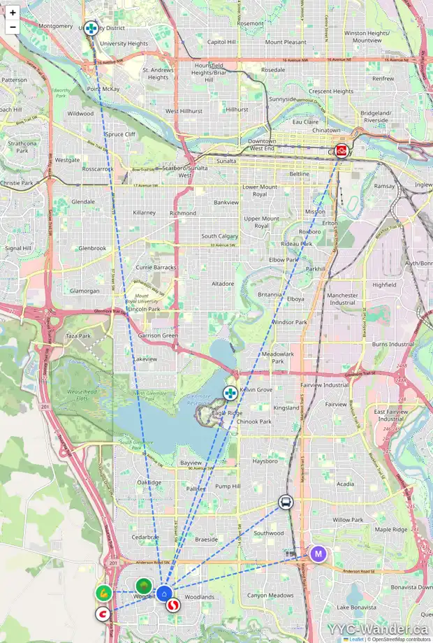 Daily accessibility map for 120 WOODGLEN GV SW, Calgary showing nearby schools, grocery stores, parks, LRT stations and nearby amenities