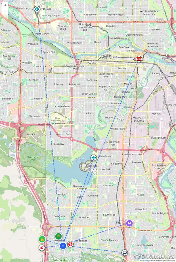 Daily accessibility map for 132 WOODBINE BV SW, Calgary showing nearby schools, grocery stores, parks, LRT stations and nearby amenities