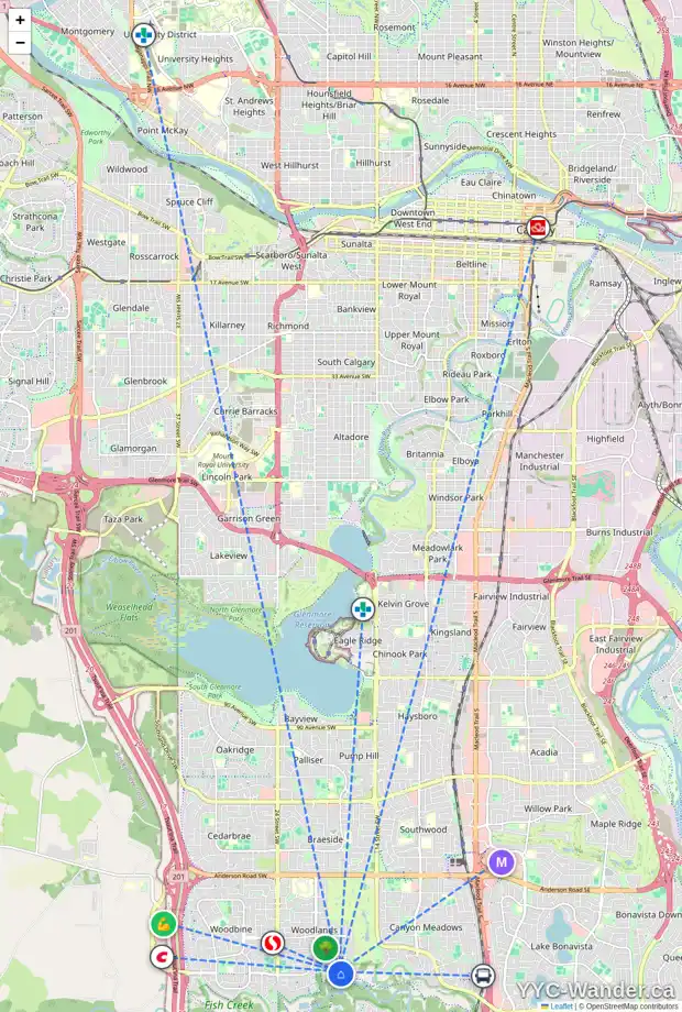 Daily accessibility map for 60 WOODGATE CL SW, Calgary showing nearby schools, grocery stores, parks, LRT stations and nearby amenities