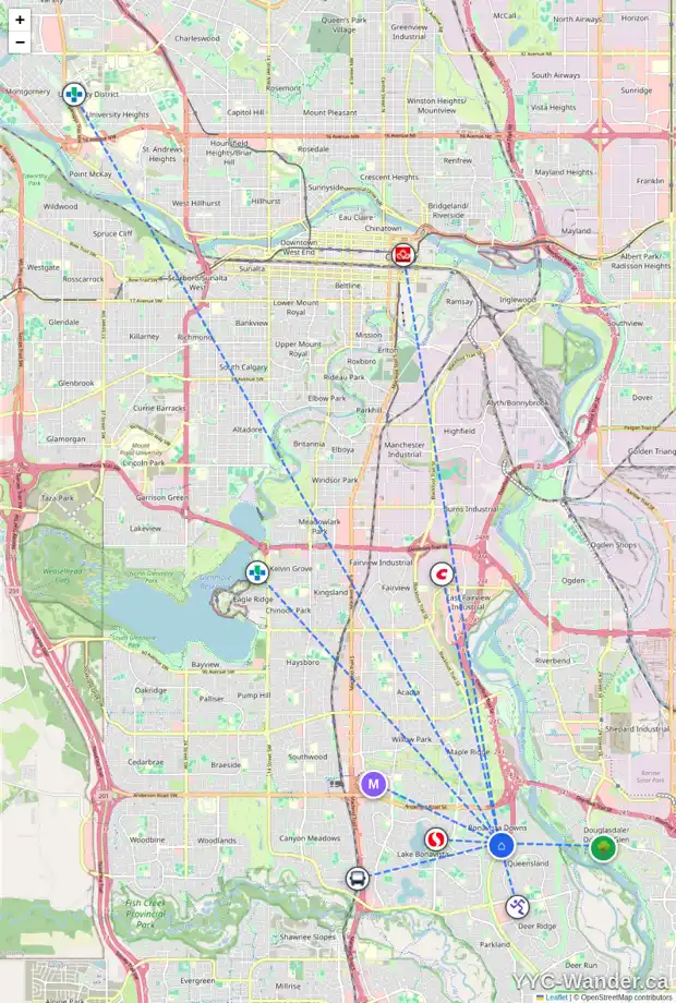Daily accessibility map for 1426 LAKE MICHIGAN DR SE, Calgary showing nearby schools, grocery stores, parks, LRT stations and nearby amenities