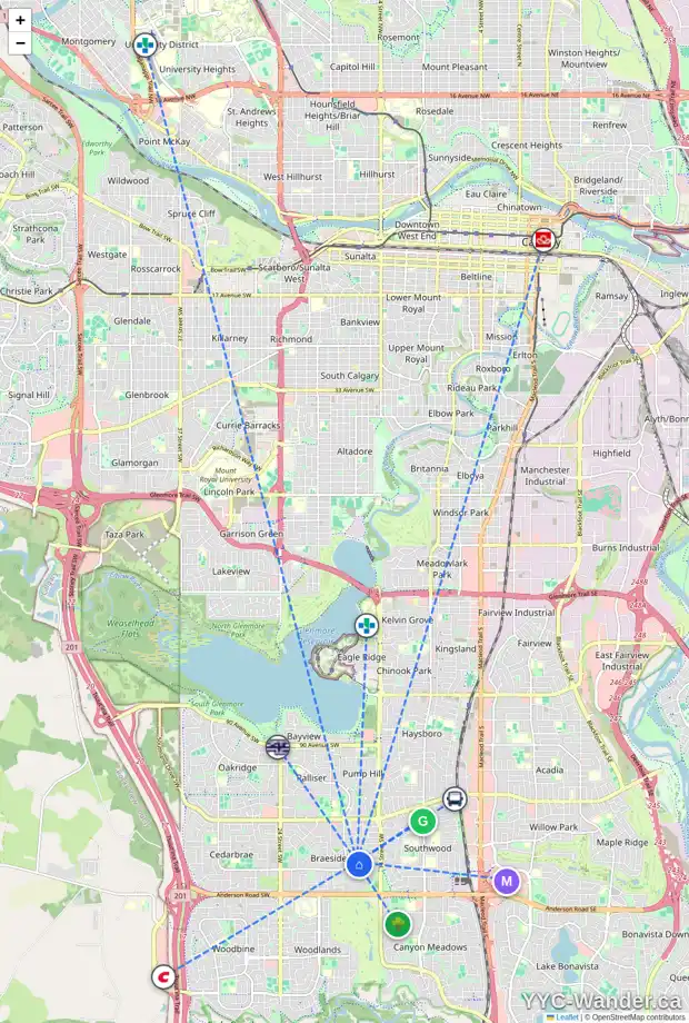 Daily accessibility map for 11040 BRATON PL SW, Calgary showing nearby schools, grocery stores, parks, LRT stations and nearby amenities