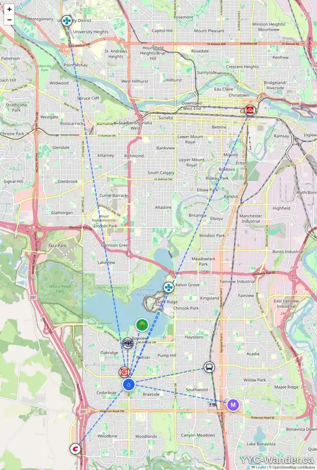 Daily accessibility map for 220 CEDARPARK DR SW, Calgary showing nearby schools, grocery stores, parks, LRT stations and nearby amenities