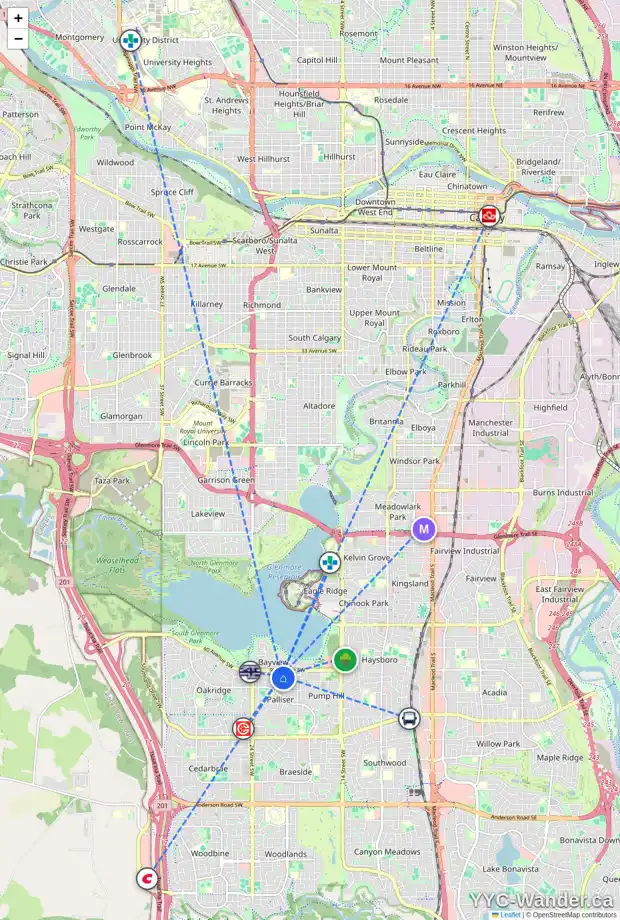 Daily accessibility map for 2207 PALISWOOD RD SW, Calgary showing nearby schools, grocery stores, parks, LRT stations and nearby amenities