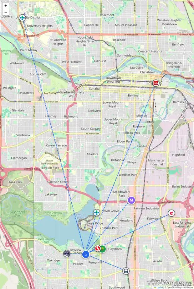 Daily accessibility map for 11 PUMP HILL LD SW, Calgary showing nearby schools, grocery stores, parks, LRT stations and nearby amenities