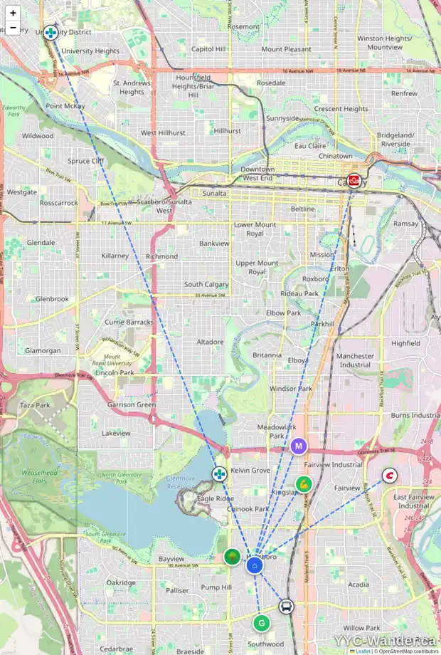 Daily accessibility map for 47 HOLLYBURN RD SW, Calgary showing nearby schools, grocery stores, parks, LRT stations and nearby amenities