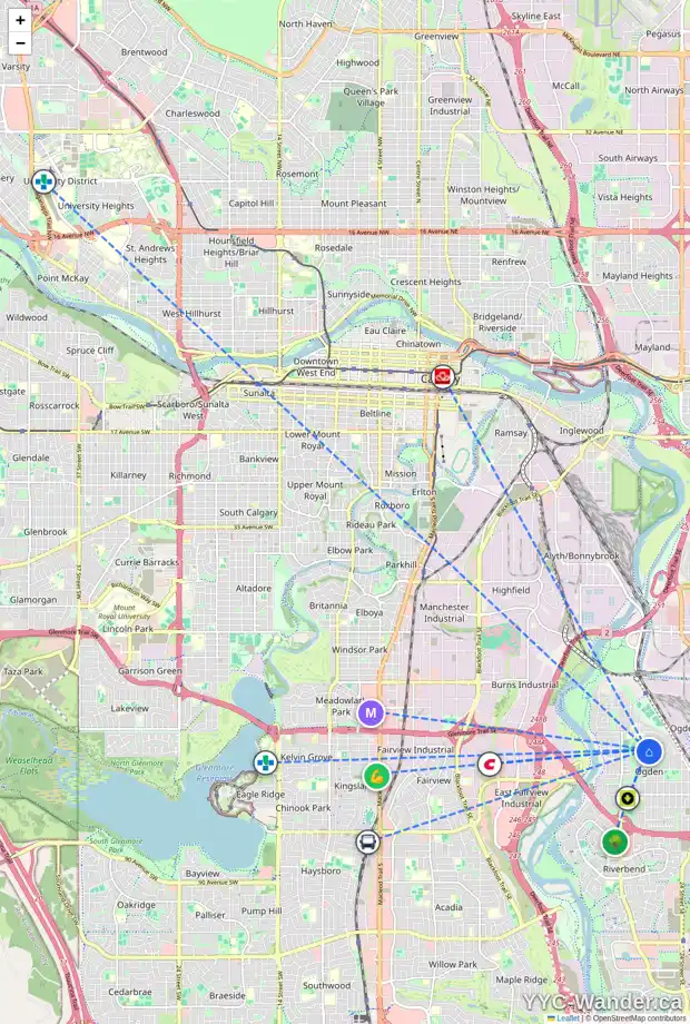 Daily accessibility map for 6816 20A ST SE, Calgary showing nearby schools, grocery stores, parks, LRT stations and nearby amenities