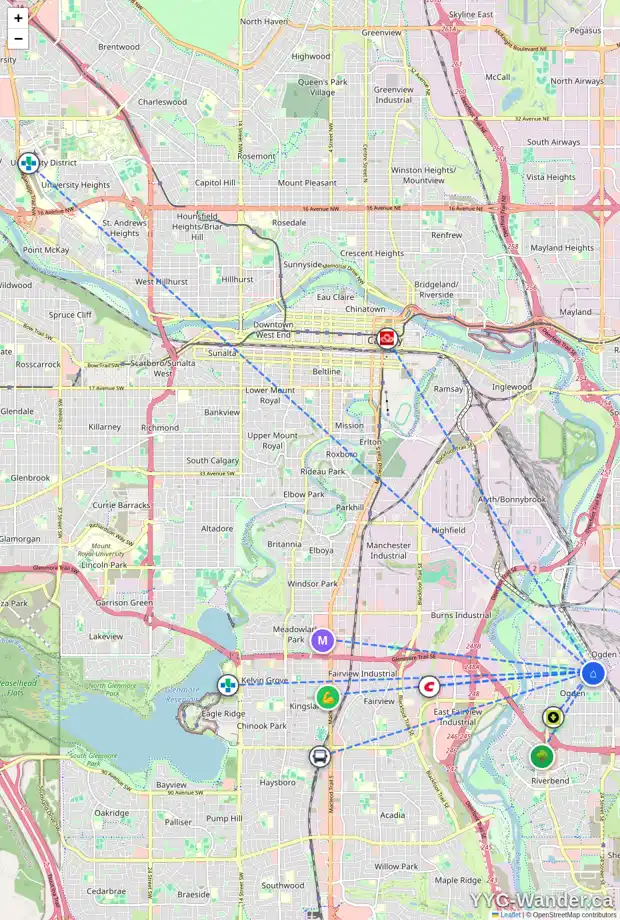 Daily accessibility map for 2343 CRESTWOOD RD SE, Calgary showing nearby schools, grocery stores, parks, LRT stations and nearby amenities