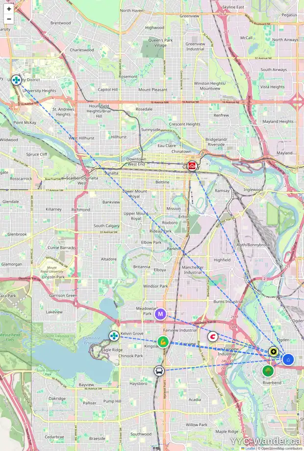 Daily accessibility map for 7828 21A ST SE, Calgary showing nearby schools, grocery stores, parks, LRT stations and nearby amenities