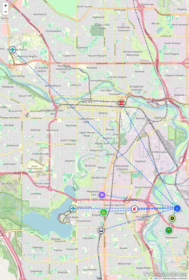 Daily accessibility map for 7023 20A ST SE, Calgary showing nearby schools, grocery stores, parks, LRT stations and nearby amenities