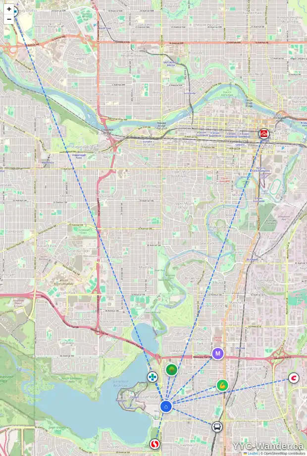 Daily accessibility map for 1420 CARLYLE RD SW, Calgary showing nearby schools, grocery stores, parks, LRT stations and nearby amenities