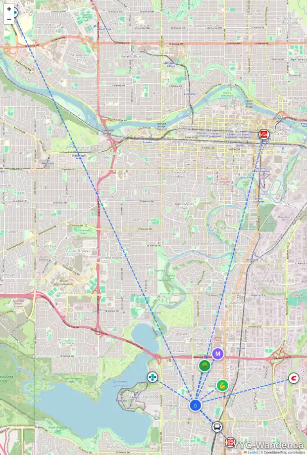 Daily accessibility map for 7824 ELBOW DR SW, Calgary showing nearby schools, grocery stores, parks, LRT stations and nearby amenities