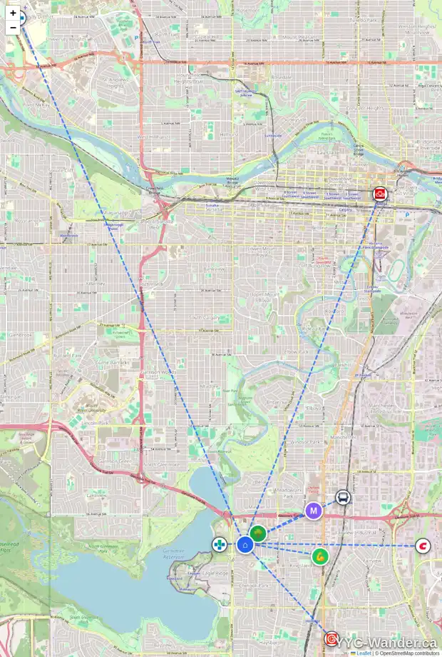 Daily accessibility map for 7240 KANANASKIS DR SW, Calgary showing nearby schools, grocery stores, parks, LRT stations and nearby amenities