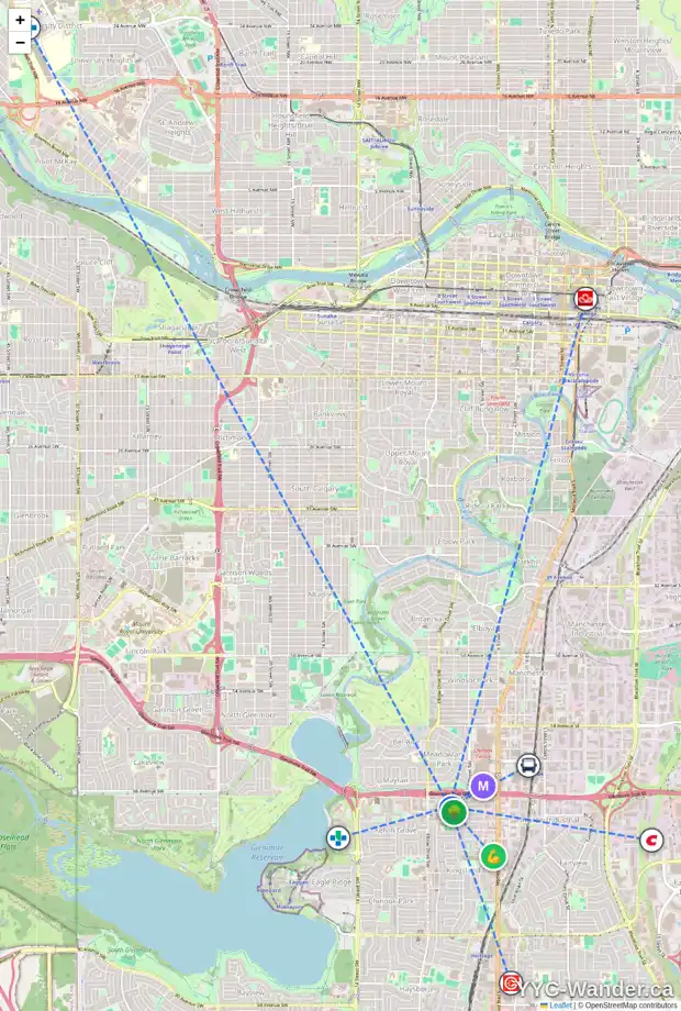 Daily accessibility map for 809 67 AV SW, Calgary showing nearby schools, grocery stores, parks, LRT stations and nearby amenities