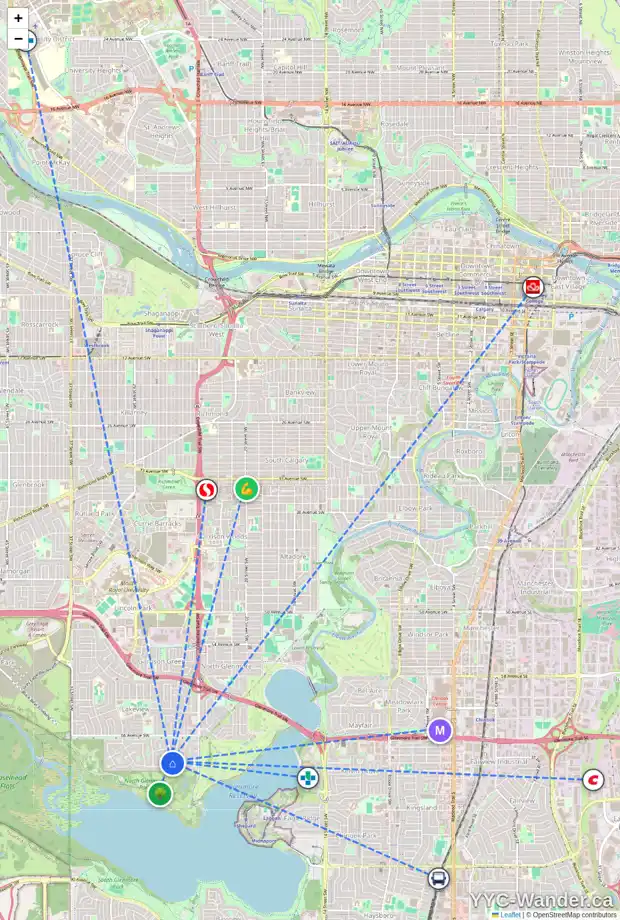 Daily accessibility map for 6924 LOWES CO SW, Calgary showing nearby schools, grocery stores, parks, LRT stations and nearby amenities