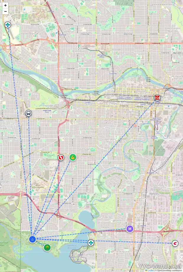 Daily accessibility map for 3414 LAKE CO SW, Calgary showing nearby schools, grocery stores, parks, LRT stations and nearby amenities