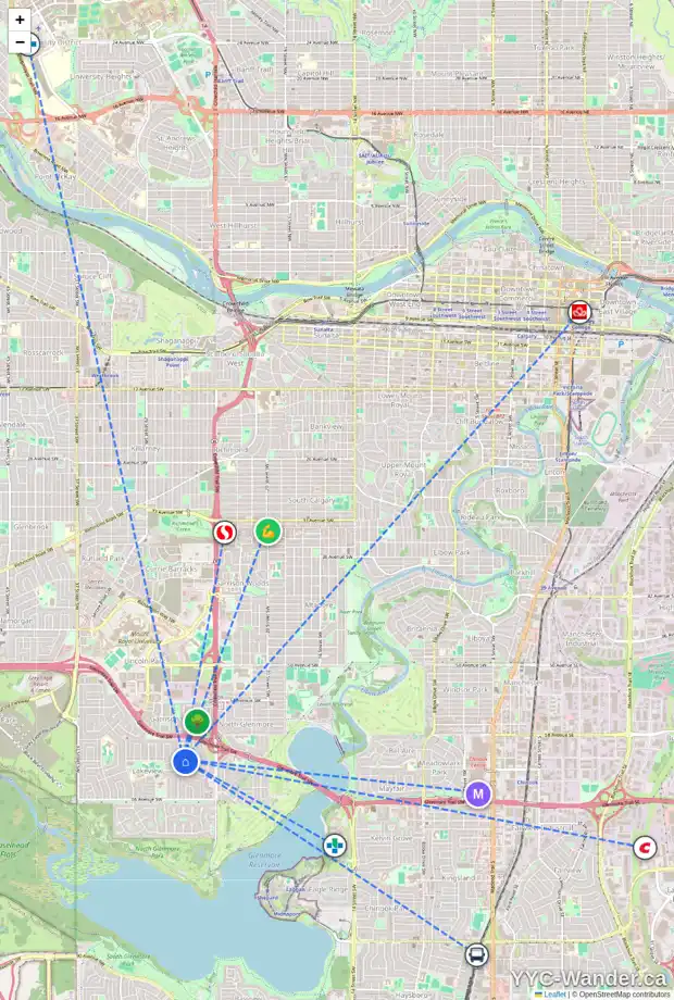 Daily accessibility map for 6311 LOUISE RD SW, Calgary showing nearby schools, grocery stores, parks, LRT stations and nearby amenities