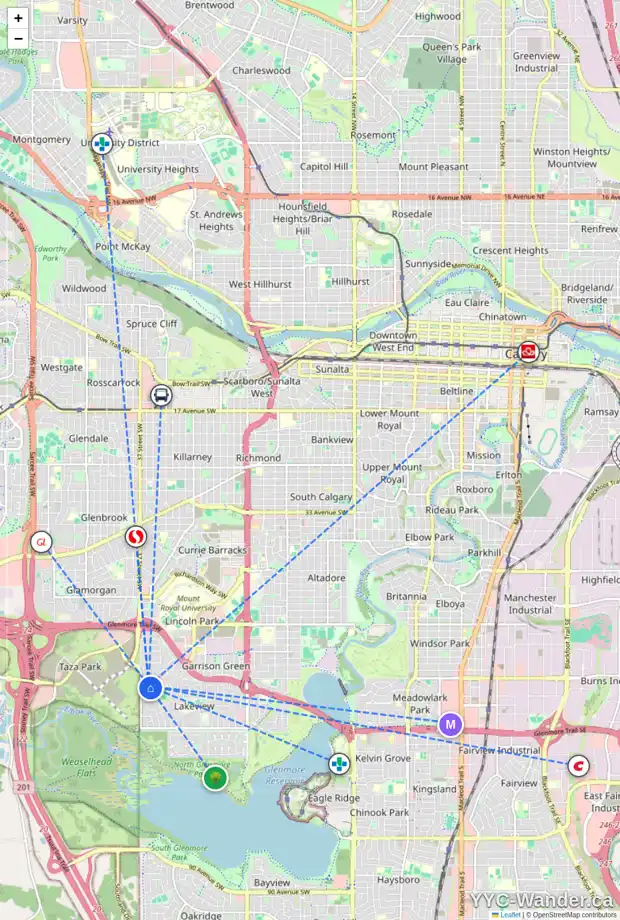 Daily accessibility map for 3704 LOGAN CR SW, Calgary showing nearby schools, grocery stores, parks, LRT stations and nearby amenities