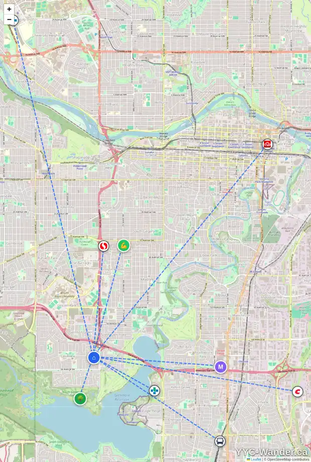 Daily accessibility map for 2620 63 AV SW, Calgary showing nearby schools, grocery stores, parks, LRT stations and nearby amenities
