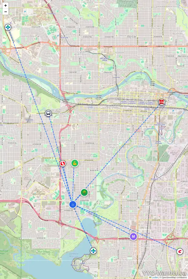 Daily accessibility map for 2125 51 AV SW, Calgary showing nearby schools, grocery stores, parks, LRT stations and nearby amenities