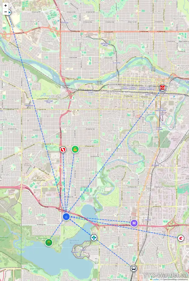Daily accessibility map for 2204 LONGRIDGE DR SW, Calgary showing nearby schools, grocery stores, parks, LRT stations and nearby amenities