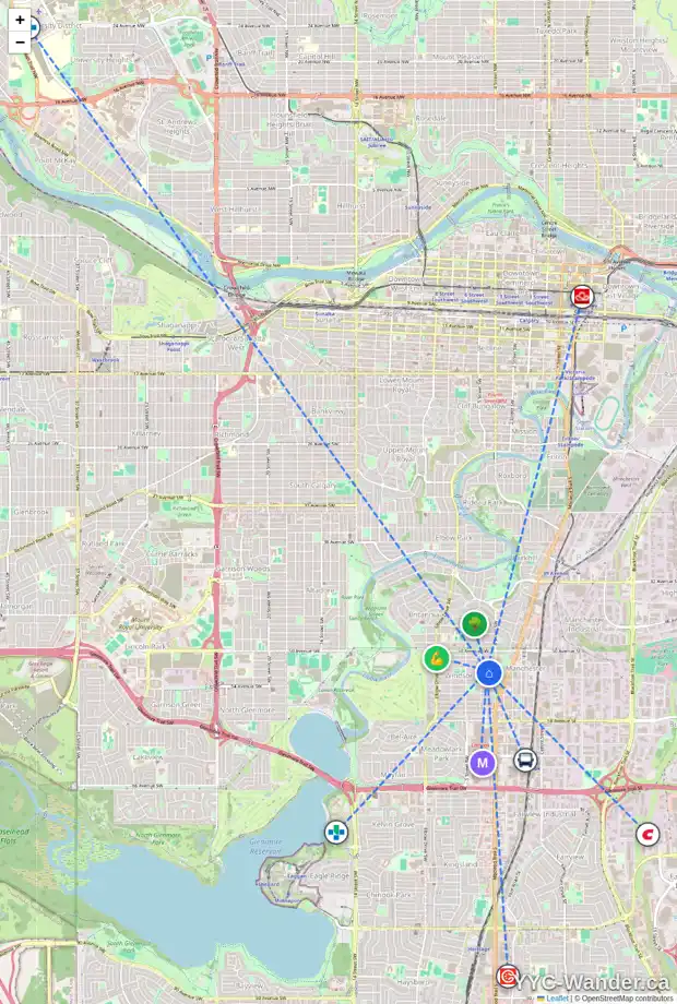 Daily accessibility map for 423 52 AV SW, Calgary showing nearby schools, grocery stores, parks, LRT stations and nearby amenities