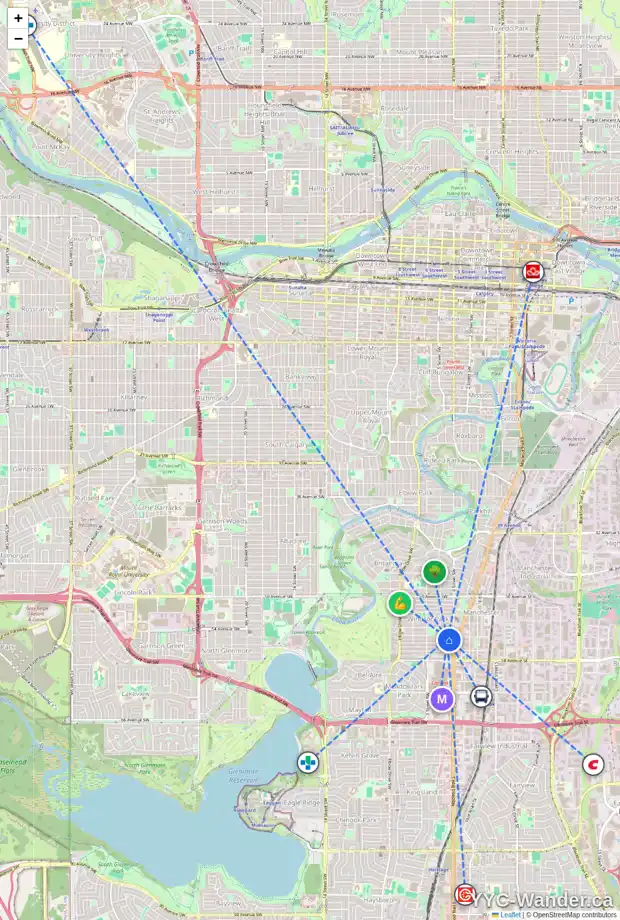 Daily accessibility map for 417 55 AV SW, Calgary showing nearby schools, grocery stores, parks, LRT stations and nearby amenities