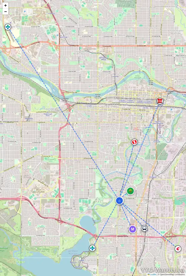 Daily accessibility map for 8 WINDSOR CR SW, Calgary showing nearby schools, grocery stores, parks, LRT stations and nearby amenities