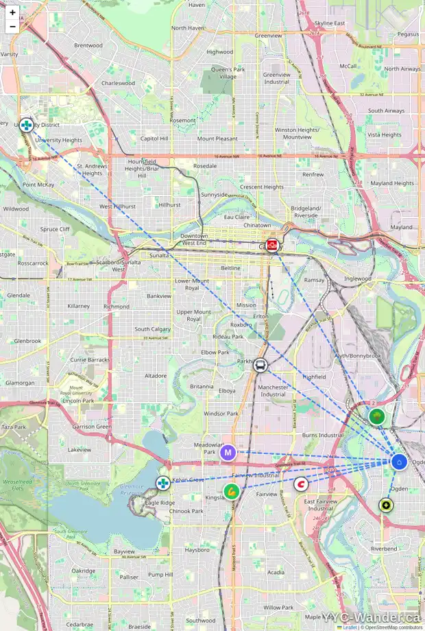 Daily accessibility map for 2144 CRESTWOOD RD SE, Calgary showing nearby schools, grocery stores, parks, LRT stations and nearby amenities