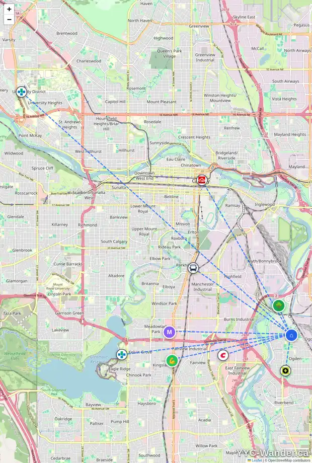 Daily accessibility map for 6412 20 ST SE, Calgary showing nearby schools, grocery stores, parks, LRT stations and nearby amenities